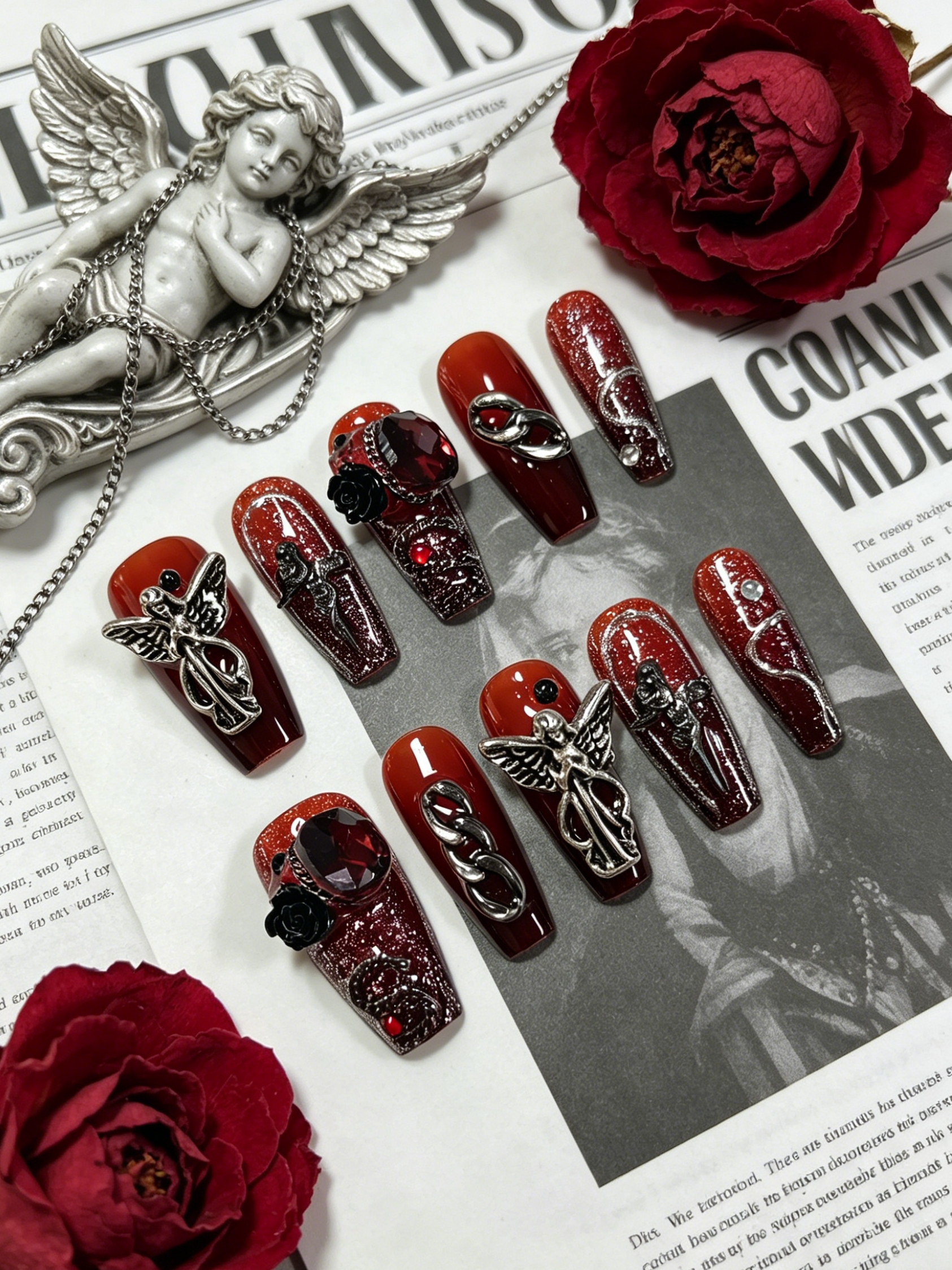 Korean Lifestyle & Kids Boutique Photos - 10 Medium-Sized Trapezoidal Press-On Nails, Red